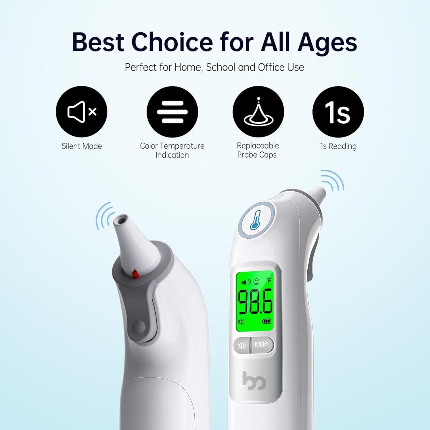 Ear Thermometer, Highly Accurate Ear Thermometer for Kids, Adults and Babies, 30 Memory Recall, 1s Result and 3-Color Fever Alert, with 24 Disposable Probe Covers, Gray