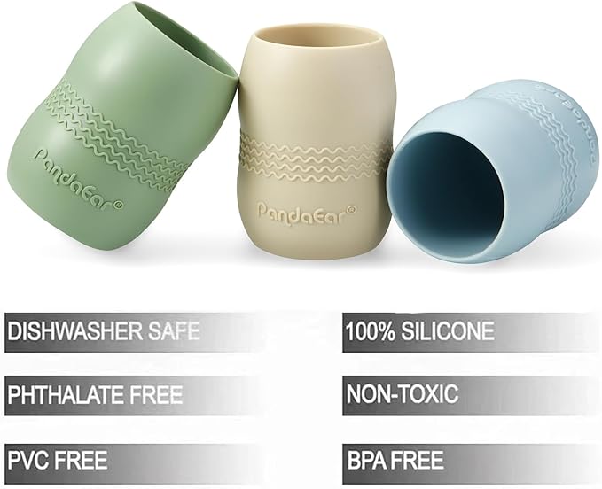 PandaEar 3 Pack 100% Tiny Silicone Drinking Training Cup for Baby and Toddler, Tiny Open Cups for Infants (Blue/Green/Tan)