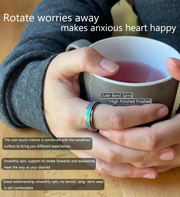 Anxiety Ring for Women Men, Titanium Stainless Steel Spinner Ring, 5 Colors, 6MM, Size 6-10, 3 Styles Anxiety Ring-Moon Star, Sandblasted Finished, Hollow Outer