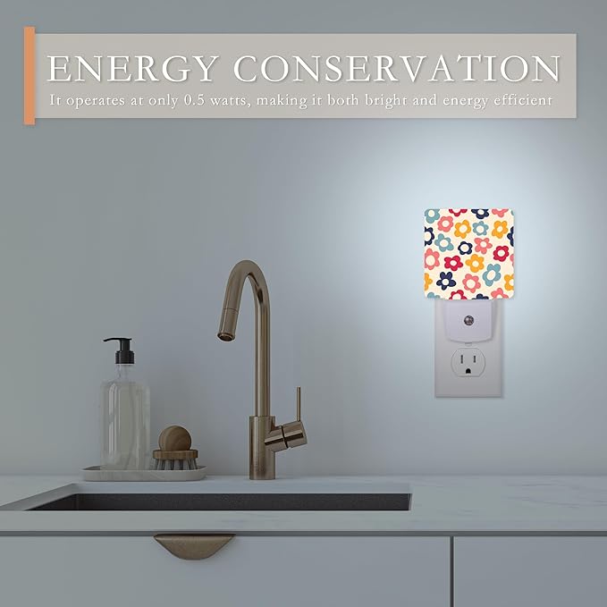 Vintage Groovy Flowers Night Light with Dusk to Dawn Sensor for Kid Girls Boys Women Men Room Decor, Hallway, Kitchen, Bathroom, Nursery, Stairs