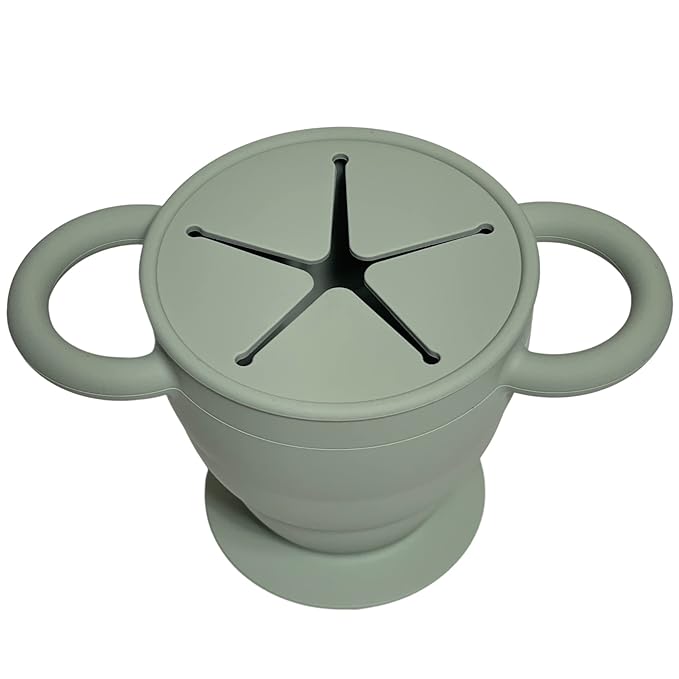BraveJusticeKidsCo. | Snack Attack II Snack Cup | Collapsible Silicone Snack Container | Toddler and Baby Snack Catcher Lid (Desert Sage)