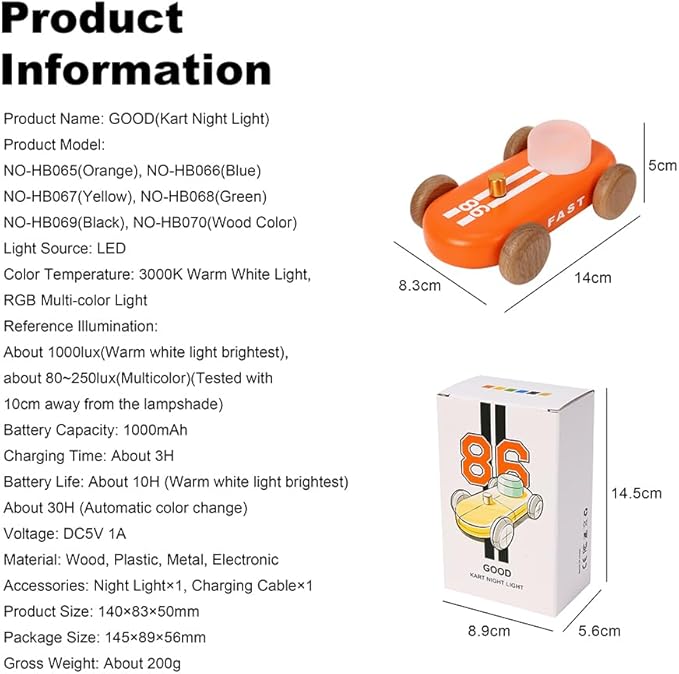 Wooden Go-Kart Night Light for Kids, 7 Color Adjustable, USB Rechargeable (Orange)