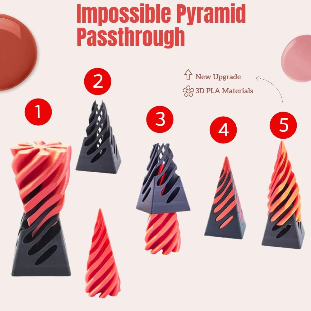 Impossible Pyramid Passthrough Sculpture, Pass Through Pyramid, 3D Printed Spiral Cone, Mini Vortex Thread Illusion (Orange)