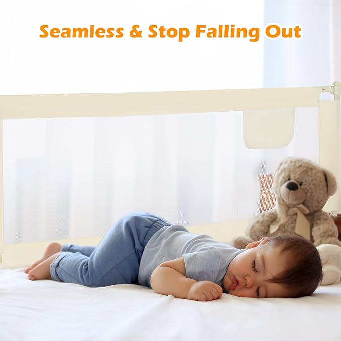 welspo 70 Inches Bed Rail for Toddlers Fold Down Safety Baby Bed Guard Swing Down Bedrail for Convertible Crib, Kids Twin, Double, Full Size Queen & King Mattress, Beige [Upgraded] (1 Pack)