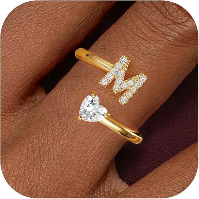 Initial Gold Rings for Girls Women - Dainty 14K Gold Plated Adjustable Letter A-Z Rings Teen Girls Gifts Trendy Stuff Heart CZ Initial Ring Teens Birthday Gift for Girls Non Tarnish