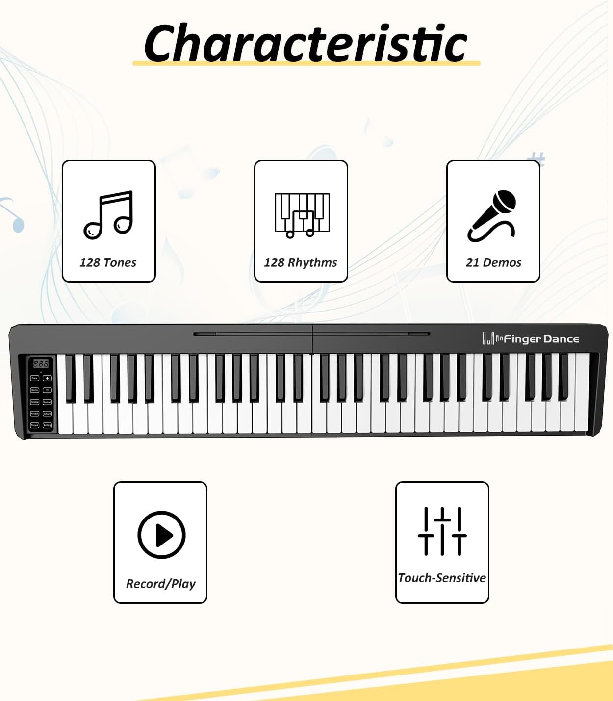 Finger Dance 61 Key Folding Piano Keyboard, Upgrand Imitation Wood Texture Keyboard Portable Piano, Bluetooth & MIDI, Foldable Keyboard Piano for Beginner - Deep Black