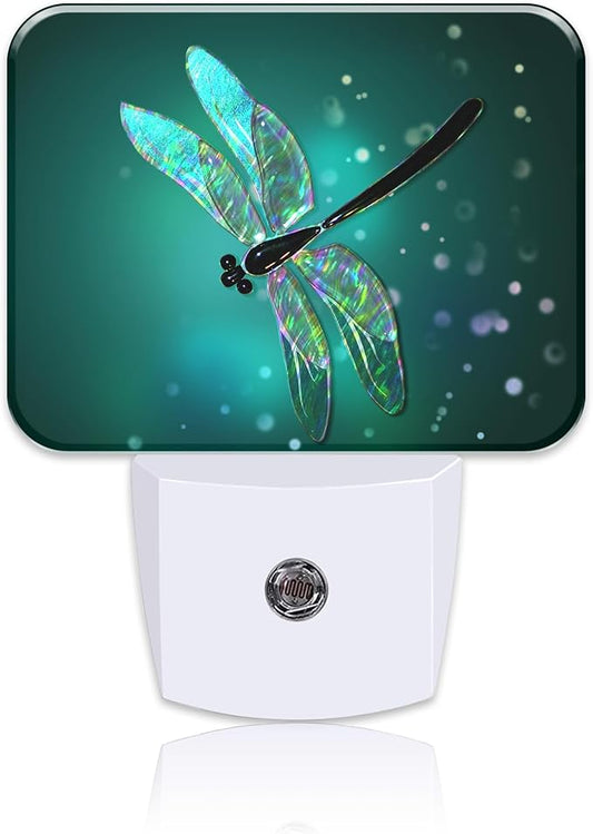 Glass Dragonfly Plug in Night Lights, Green Background Nightlight Plug Into Wall Dusk to Dawn Sensor for Kid Girls Boys Women Men Bedroom, Hallway, Kitchen, Bathroom, Stairs Decor