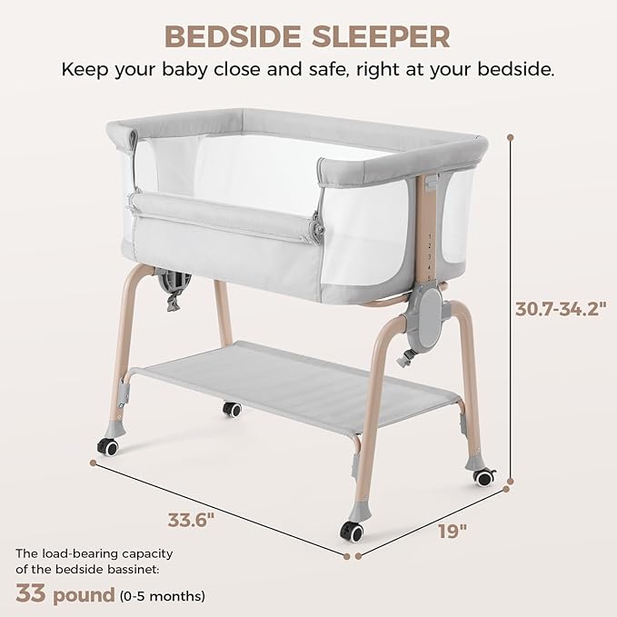 Cowiewie Bassinet Bedside Sleeper, Breathable Baby Bedside Bassinet and Mattress, Lightweight and Portable for Bedside Sleeping, Light Grey