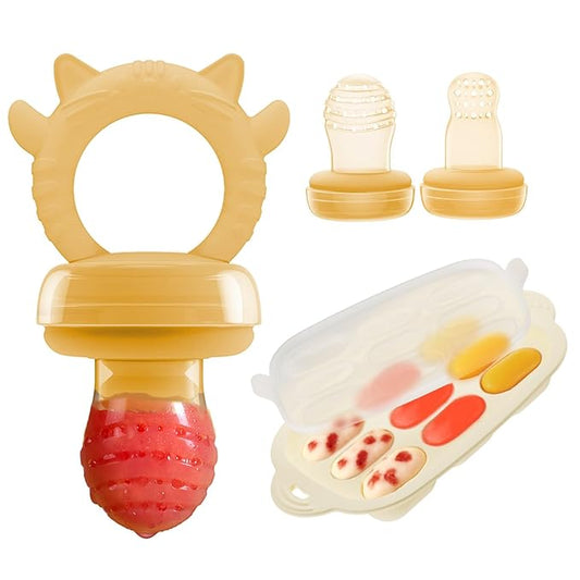 Baby Food Fruit Feeder & Freezer Tray, Auto-Push Fresh Food Feeder Pacifier for Self Feeding, Breastmilk Popsicle Molds for Baby Teething Relief, BPA-Free Silicone, 2 Sizes for 3-12 Months