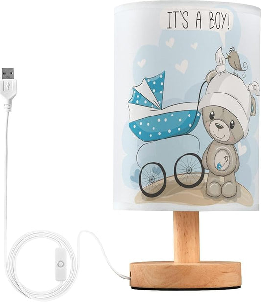 Table Lamp Bear with Blue Baby Carriage Heart Quote It's A Boy Nightstand Lamp with Wood Base Fabric Lamp Shade Bedside Desk Lamp for Living Room Bedroom Kids Room Office