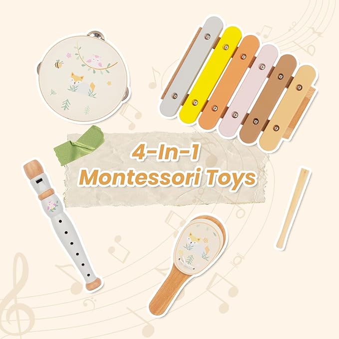 Wooden Musical Instruments Set for Toddlers 1-3, Natural Wood Percussion Instruments Xylophone Gift Set for Girls Boys Kids ,Preschool Educational Musical Toys