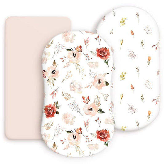 Stretchy Ultra Soft Bassinet Fitted Sheets 3 Pack, Universal Fitted for Bassinets Oval Rectangle Mattress, Pretty Bassinet Sheets for Baby Girls, Watercolor Rose Flora Orange Pink