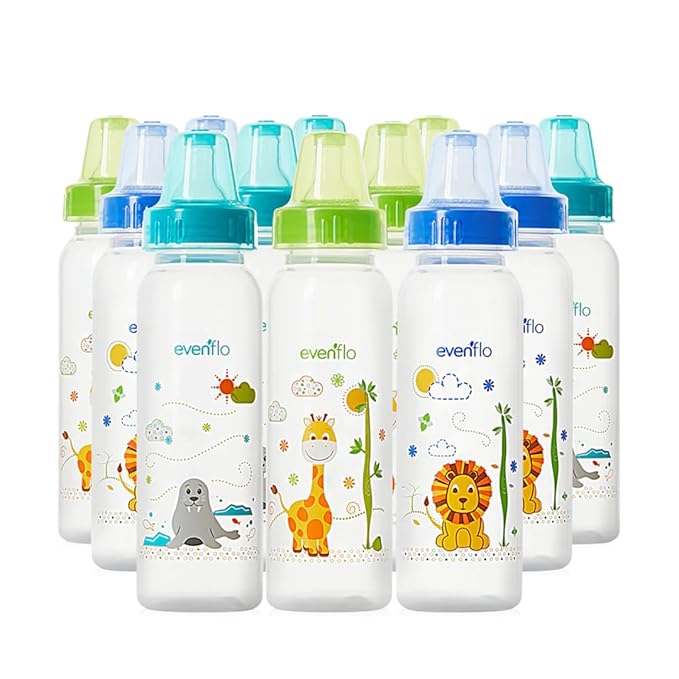 Evenflo Feeding Classic Prints Polypropylene Bottles for Baby, Infant and Newborn - Blue/Green/Teal, 8 Ounce (Pack of 12)