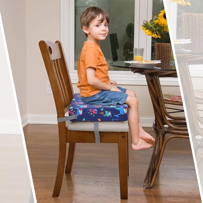 Zicac Portable Toddler Booster Seat for Dining Table, Safer Non-Slip Kids Booster Seat with Double Adjustable Straps, Washable Detachable Strong Support Increasing Cushion for Child (Blue Excavator)