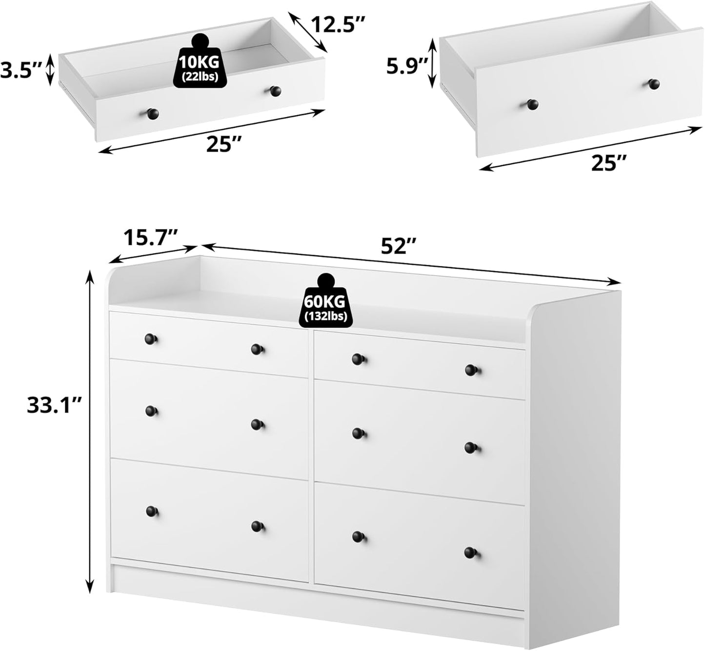 Cozy Castle Baby Dresser with 6 Drawers and Large Table Top, Multi-Functional Chest of Drawer, Drawer Dresser with Three-Sided High Rails for Nursery, Children's Room, Bedroom, White