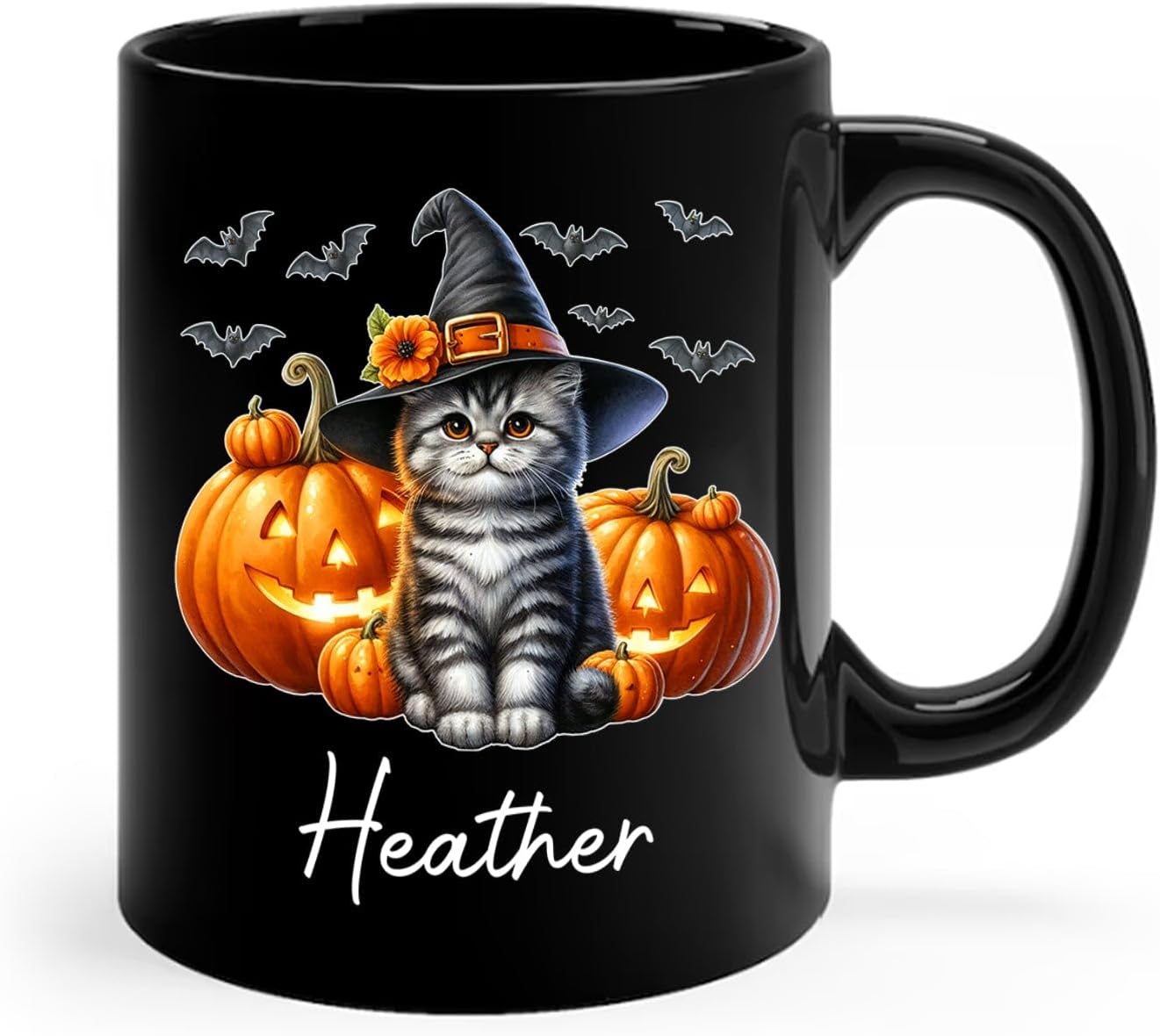 Customized American Shorthair Wearing Witch Hat Cup, Personalized Name American Shorthair Coffee Mugs, Cat with Pumpkins Ceramic Cups, Cat Halloween Black Mug 11oz 15oz, Gift for Halloween