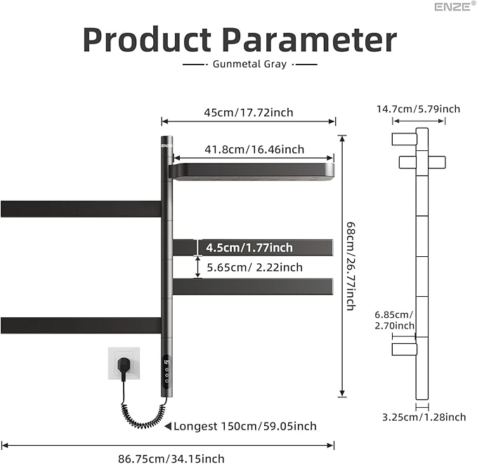 ENZE Smart Rotating Heated Towel Rack for Bathroom, Wall-Mounted Electric Towel Dryer with Swivel Bars & Shelf, Smart Timer, Low Carbon Steel, Plug-in/Hardwired, Towel Warmer with Wi-Fi App Control