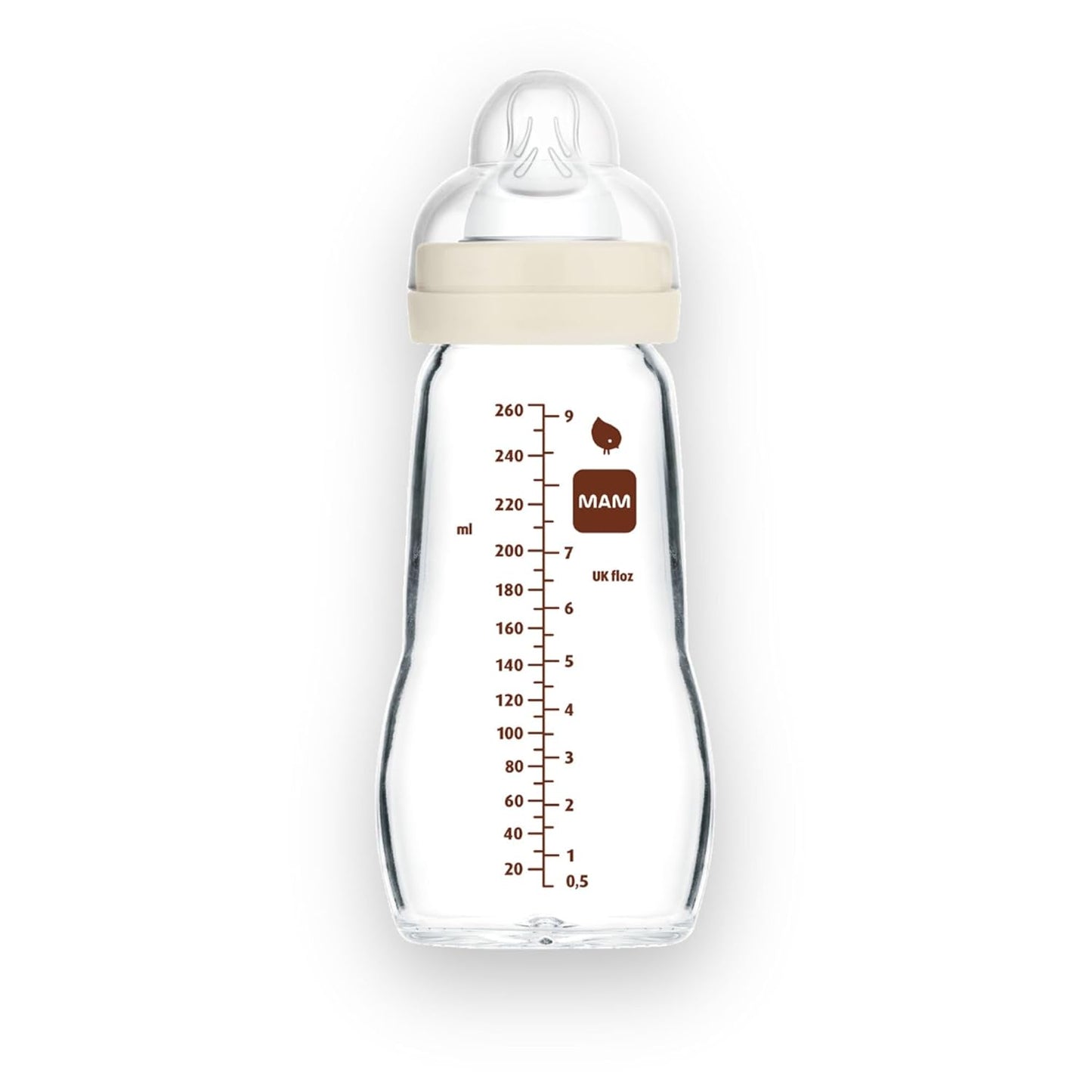 MAM Feel Good Medium Flow Premium Glass Baby Bottles, Easy Switch Between Breast and Bottle, 9oz, 2+ Months, Unisex, 1 Pack
