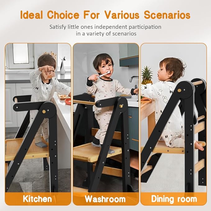 Toddler Tower, Foldable Step Stool for Toddlers, Toddler Kitchen Stool Helper with 3 Adjustable Height Safty Rail and Anti-Tip Structure, Learning Tower for Toddlers Baby Kids