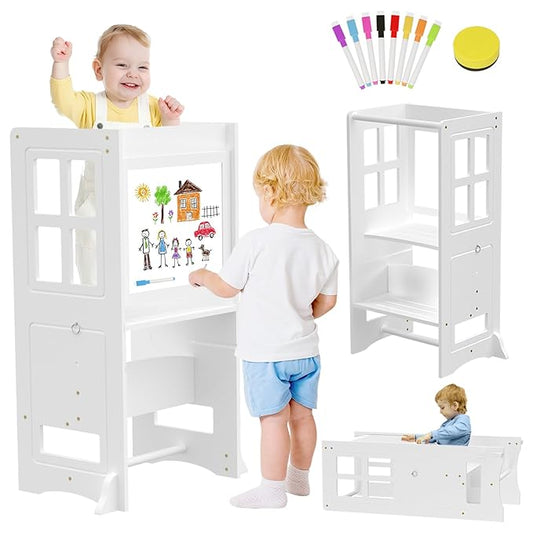 4 in 1 Toddler Kitchen Stool Helper Tower, Adjustable-Height Toddler Step Stool with Double-Sided Whiteboard, Anti-Slip Protection, Kids Learning Standing Tower for Kitchen Counter Bathroom Sink