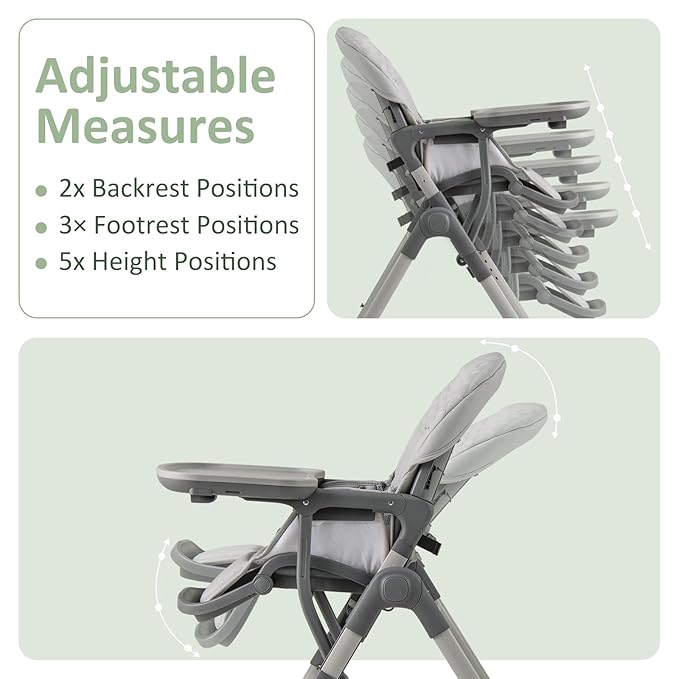 INFANS Baby High Chair, Convertible Quick Folding Portable Highchair for Babies and Toddlers with Adjustable Height Backrest Footrest 2 Wheels Removable Tray, Easy to Clean PU Seat (Grey)