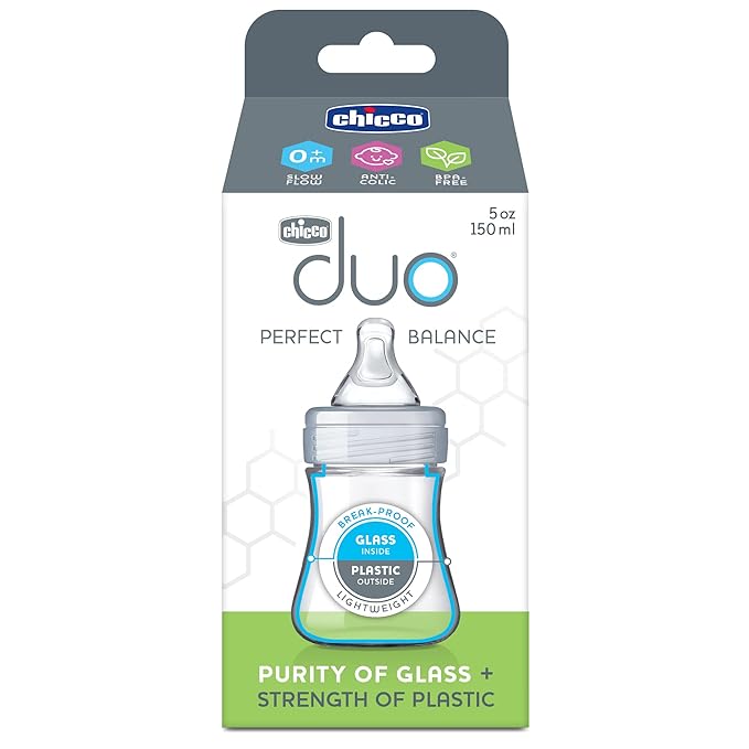 Chicco Duo 5oz. Hybrid Baby Bottle with Invinci-Glass Inside and Plastic Outside | Dishwasher, Bottle Warmer, and Electric Sterilizer Safe | Intui-Latch Nipple | Clear/Grey