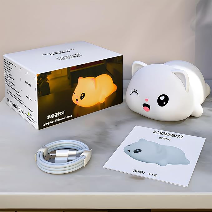 Colorful Life Cat Night Light for Kids, Silicone Tap Control LED Bedside Lamp, Soft Touch Sensor Kitty Light for Baby Girls Boys, USB Rechargeable Nightlight(Light up When patted)