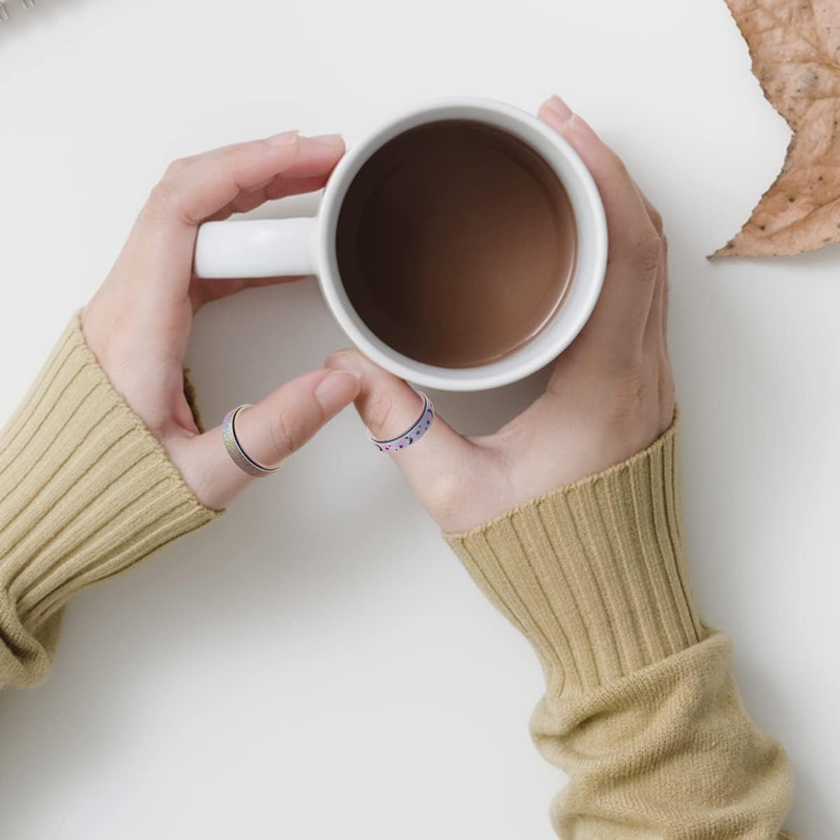 Anxiety Ring for Women Men, Titanium Stainless Steel Spinner Ring, 5 Colors, 6MM, Size 6-10, 3 Styles Anxiety Ring-Moon Star, Sandblasted Finished, Hollow Outer