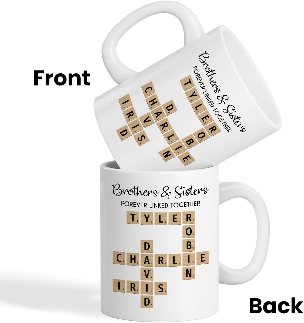 Family Forever Linked Together Custom Names Ceramic Mug, Crossword Puzzle Art, for Birthday, Anniversary or Special Occasions (Brothers & Sisters Forever Linked Together White Mug Ver 2)
