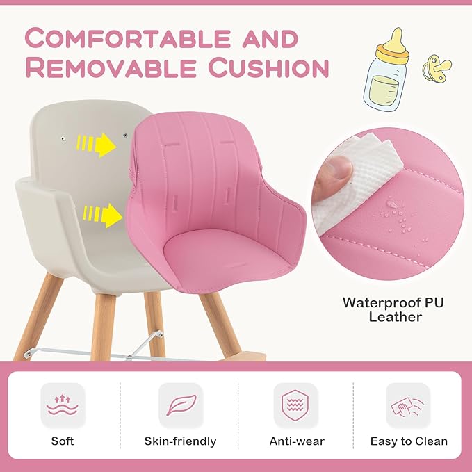 BABY JOY Convertible Baby High Chair, 3 in 1 Wooden Highchair/Booster/Chair with Removable Tray, Adjustable Legs, 5-Point Harness, PU Cushion and Footrest for Baby, Infants, Toddlers (Pink)
