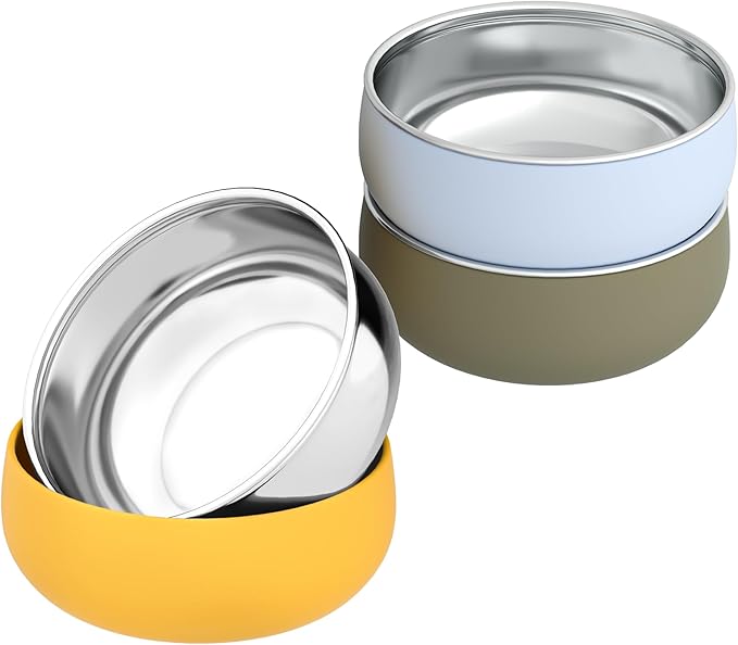 Bella's Friends Stainless Steel Baby Bowls with Silicone Sleeve 3 Pack, 4.3” for Toddlers Kids Feeding, Non-Slip, Non-Toxic, Mess-Free, Dishwasher Safe, Fit High Chair Size, blue yellow green