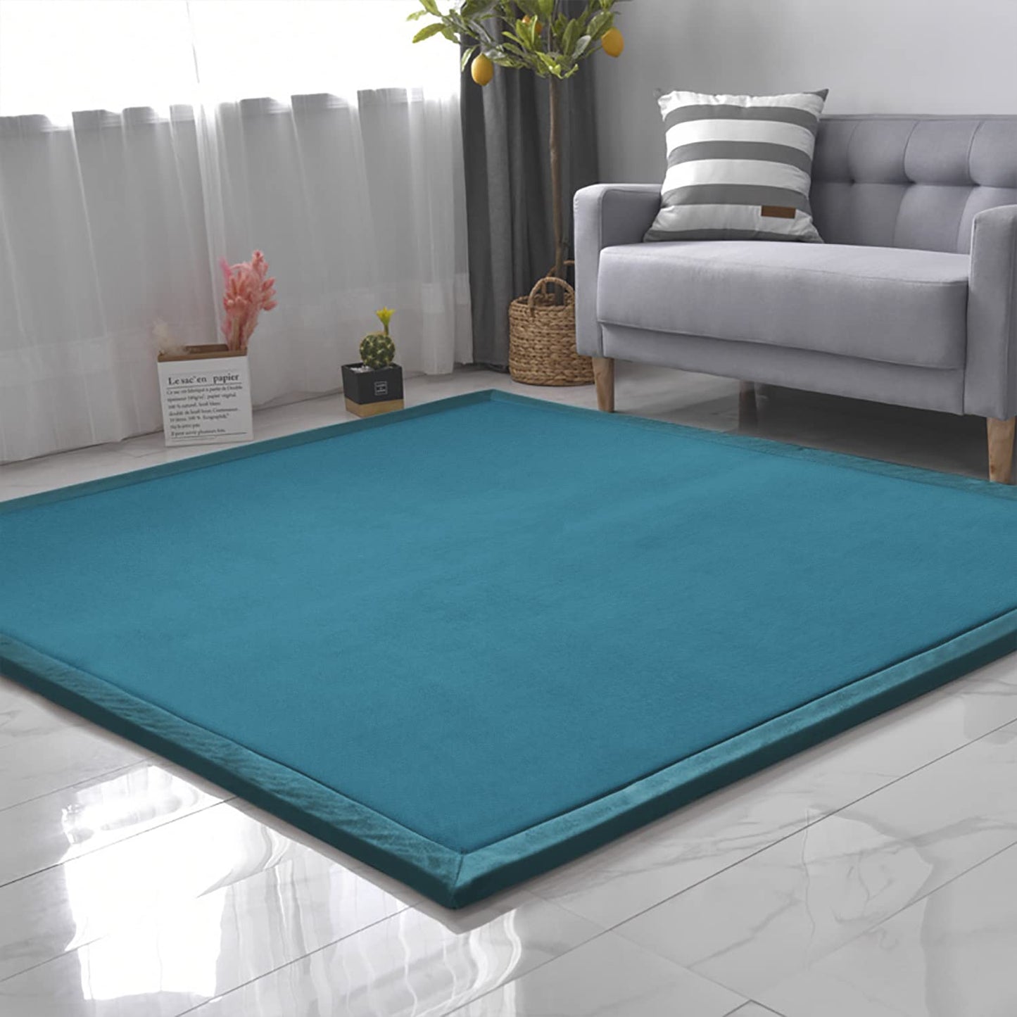 Loartee Coral Velvet Crawling Rug (6'8"x9'8", Blue) for Toddler Children Play Area Rugs Yoga Mat Exercise Pads Carpet