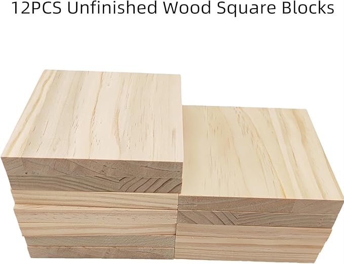 12PCS Unfinished Wood Square Blocks for Crafts, 4.7x4.7x0.6in Blank Wooden Squares Pine Wood Boards for Wood Carving,DIY Wood Coasters,Painting & Burning