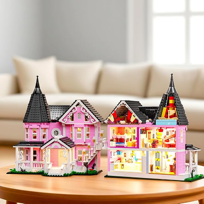 1349PCS Pink Palace House Building Set, Halloween Haunted House Blocks Toy, with Lights Christmas for Teens Girls 12+ ，Halloween House Kit for Kids Adults