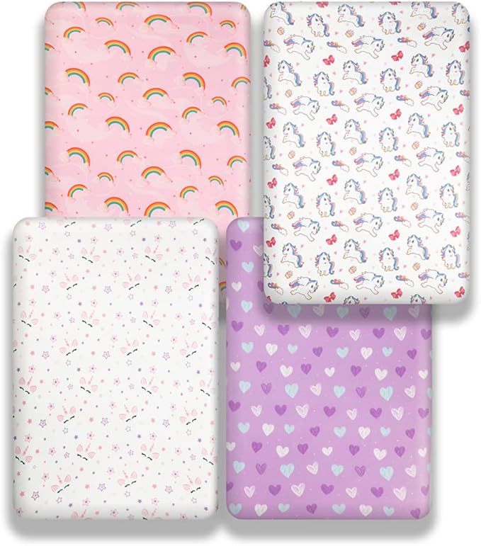 4 Pack Soft Baby Girl Crib Sheets for Standard Crib Mattress Unicron Rainbow Heart Cute Neutral Polyester Unisex Fitted Crib Sheets Set for Baby Girls