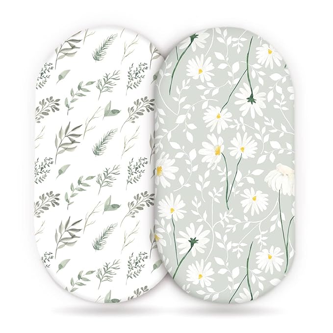 GRSSDER Stretchy Ultra Soft Fitted Bassinet Sheet Set 2 Pack, Universal Fit for Bassinets Baby Cradle Moses Basket Oval Rectangle Mattress, Watercolor Daisy Flowers Bassinet Sheets for Girls