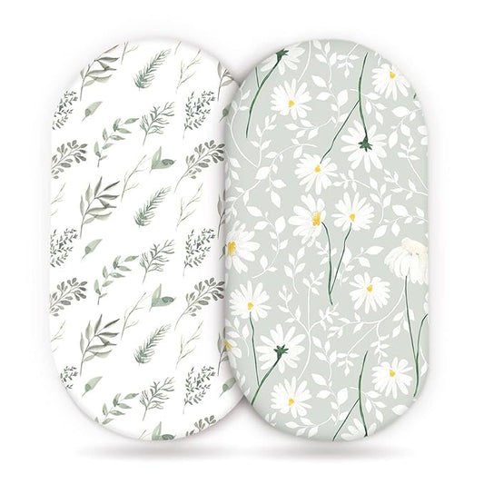 GRSSDER Stretchy Ultra Soft Fitted Bassinet Sheet Set 2 Pack, Universal Fit for Bassinets Baby Cradle Moses Basket Oval Rectangle Mattress, Watercolor Daisy Flowers Bassinet Sheets for Girls