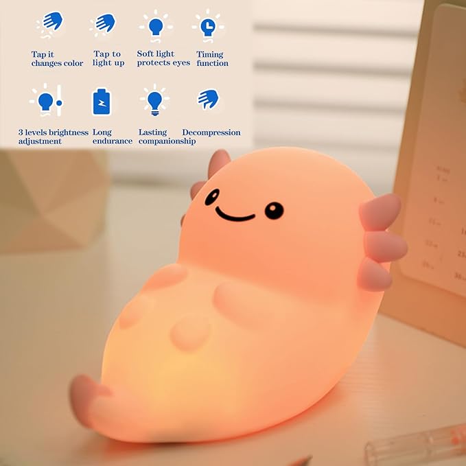 Cute Pink Axolotl Night Light, LED Squishy Night Lamp, Dimmable Timer Nursery Nightlight for Kids, Rechargeable Touch Lamp, Dorm Decor, Kids Funny Gifts (Pink Axolotl)
