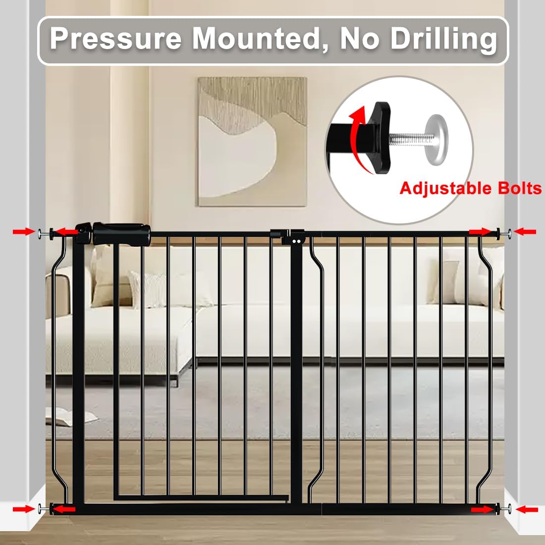 Fairy Baby Extra Wide Baby Gate Black 67-71.5 Inch Wide, Walk Through Pressure Mounted No Drill, Long and Large Tension Gate for Pet and Kids