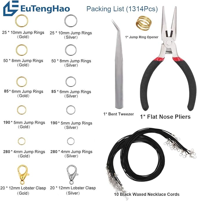 EuTengHao 1314pcs Open Jump Rings and Lobster Clasps Jewelry Repair Tools Making Supplies Kit & Jewelry Finding Kit for Necklace Repair with DIY Making Accessories (Gold and Silver)