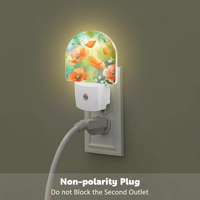 Watercolor Red Poppies Flower Night Light, Abstract Colorful Floral Dusk to Dawn Night Light Plug in,0.5w Energy Saving Sleep Friendly NightLight for Kids Boys Girls Home Decor