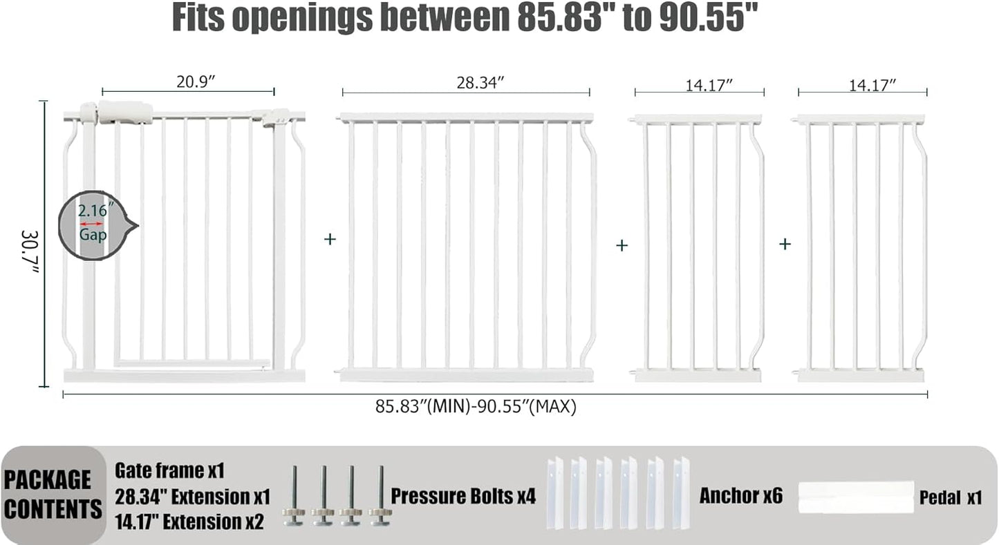 Heavy Duty Baby & Dog Safety Gate, Extra Wide 85.8-90.5 Inch,White Metal, Tension Mounted No Drilling Pet Gate for Large Openings