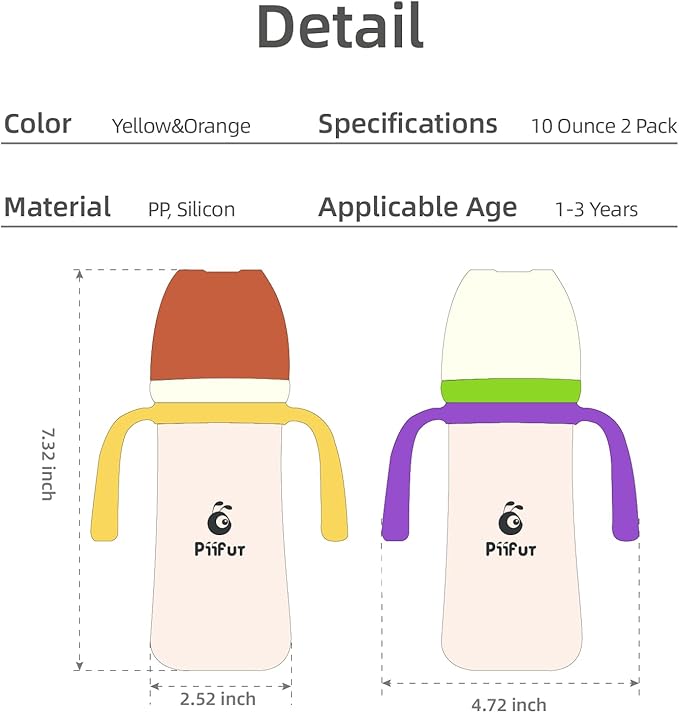 Piifur Sippy Cups for Toddlers 1-3 No Spill Straw with Handle Water Bottle 2 Pack 10 Ounce Green&Beige
