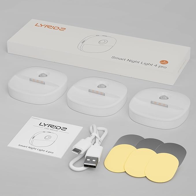 Lyridz Rechargeable Night Light, Motion Sensor Battery Nightlight, Mini Stick-on LED Closet Light, 1-20LM Dimmable Brightness for Bathroom, Bedroom, Kitchen, Washroom, Stairs, Hallway, 3-Pack