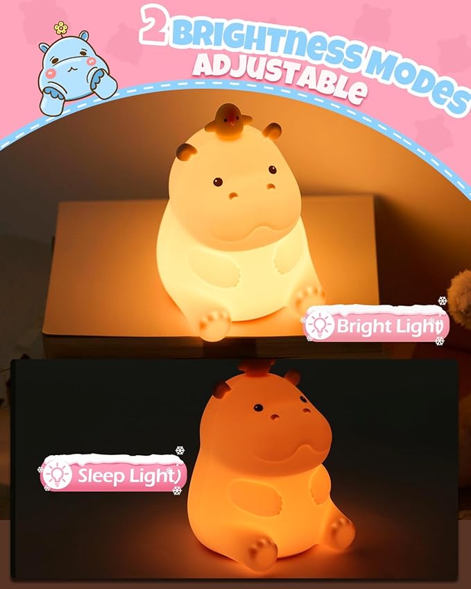Cute Hippo Night Light, Animal Lamp, Food Grade Silicone, Rechargeable, 2 Level Dimmable, Squishy Nursery Nightlight for Desk Decor, Funny Gifts Stuff for Boys Girls Baby, White Elephant Gifts