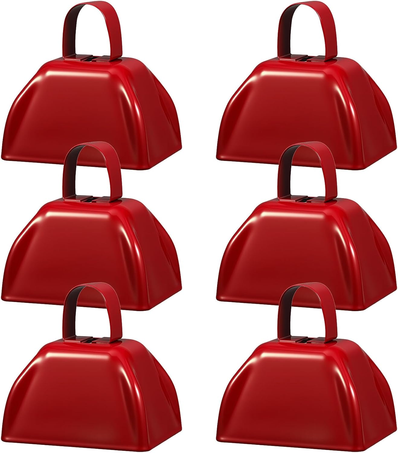 6 Pcs 3 Inch Metal Cowbells Noise Maker Hand Percussion Cow Bells with Handles for Sporting Events Cheering Noisemakers Weddings Team Spirit Sports Party Favors (Red)