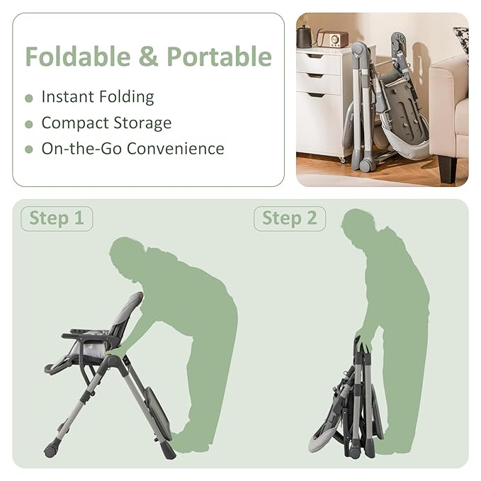 INFANS Baby High Chair, Convertible Quick Folding Portable Highchair for Babies and Toddlers with Adjustable Height Backrest Footrest 2 Wheels Removable Tray, Easy to Clean PU Seat (Grey)