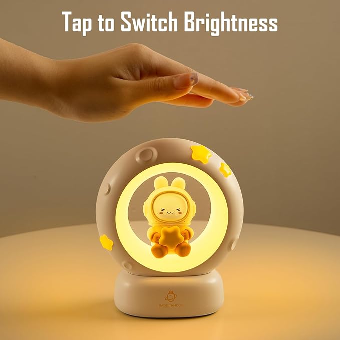 Moon and Bunny Rechargeable Night Light, Safe PVC and ABS Material, 3 Brightness Levels, Tap Control, Warm Light, Toddler Sleeping Lamp, Bedroom Night Lamp, Gift for Baby and Kid (Moon and Bunny)