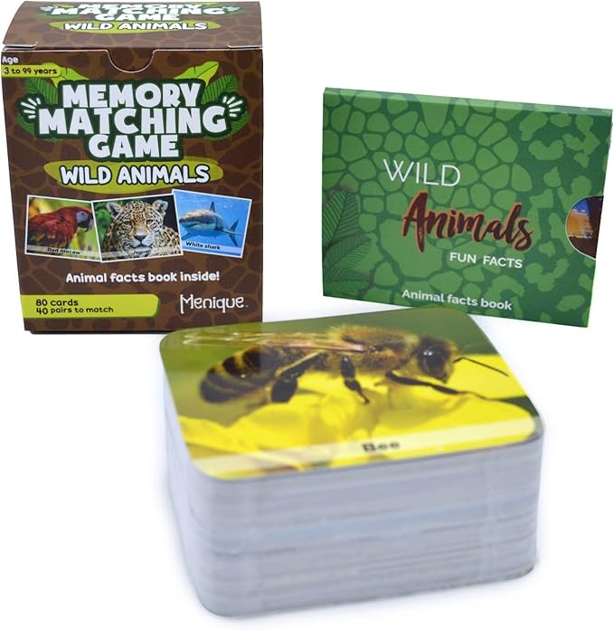 Menique Wild Animals Memory Matching Game – 80 Cards (40 Pairs) with Real Photos – Includes Educational Booklet with Animal Facts – Fun & Cognitive Game for Kids and Adults