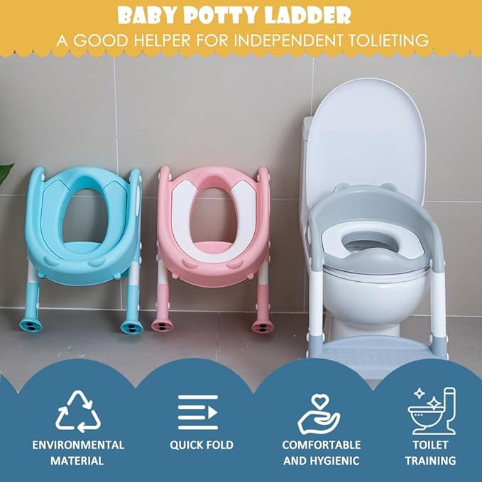 Potty Training Toilet Chair Seat with Step Stool Ladder for Kids and Toddler Boys Girls - Foldable Height Adjustable Children Toilet Training Seat with Safe Handles & Anti-Slip Pads, Blue-White
